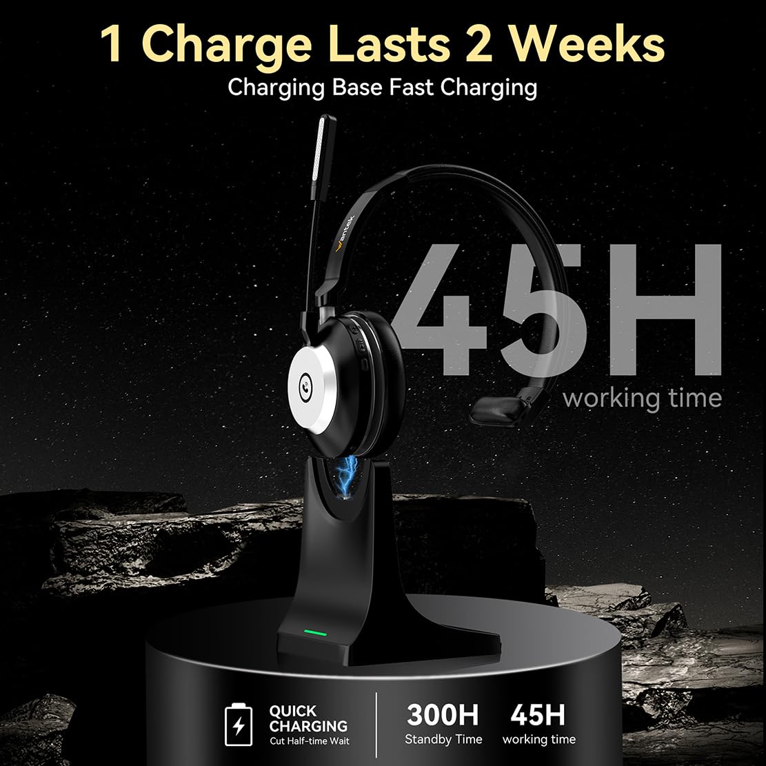 Bluetooth headset, wireless headset with microphone for PC, V5.2 computer headset with noise-canceling microphone, USB dongle, charging station, and mute button for work, mobile phones, computer.