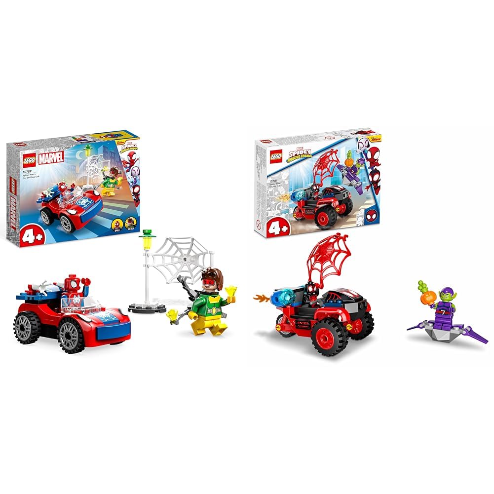LEGO 10789 Marvel Spider-Man's Car and Doc Ock Set, Spidey and His Super Friends & 10781 Marvel Spidey and His Super Friends Miles Morales: Spider-Man's Techno-Trike, for ages 4 and up.