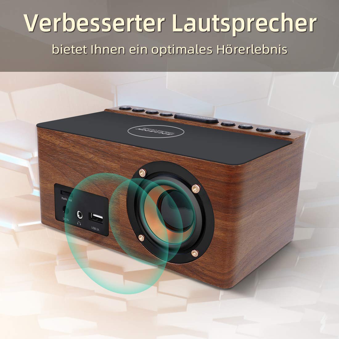 ANJANK Digital Wooden Alarm Clock with Wireless Charging Station, 10W Fast Charger for iPhone/Samsung Galaxy, LED Display with 5-Level Dimmer, USB Charging Port, Clock Radio, No Ticking