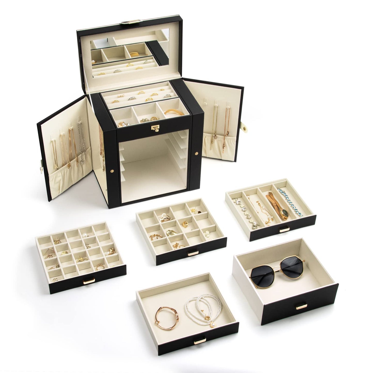 KAMIER 6-tier jewelry box made of high-quality natural wood with luxurious flannel and large mirror - Spacious jewelry case with side-opening doors for rings, earrings, & bracelets, Black