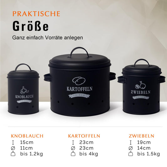 Theo&Cleo Potato Storage Set, Potato Pot in Retro Design Onion Pot, Large metal storage container, Kitchen storage, Can store potatoes for a long time (Black Set)