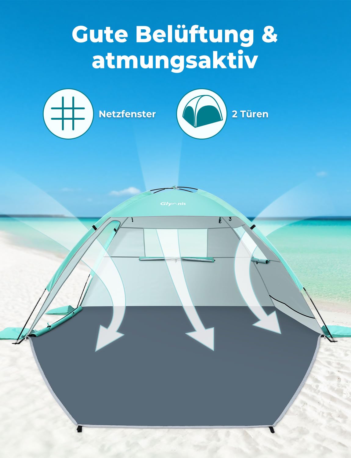 Glymnis beach tent with 2 zippered doors, UV protection UPF50+, windproof, compact size for 2-3 people.