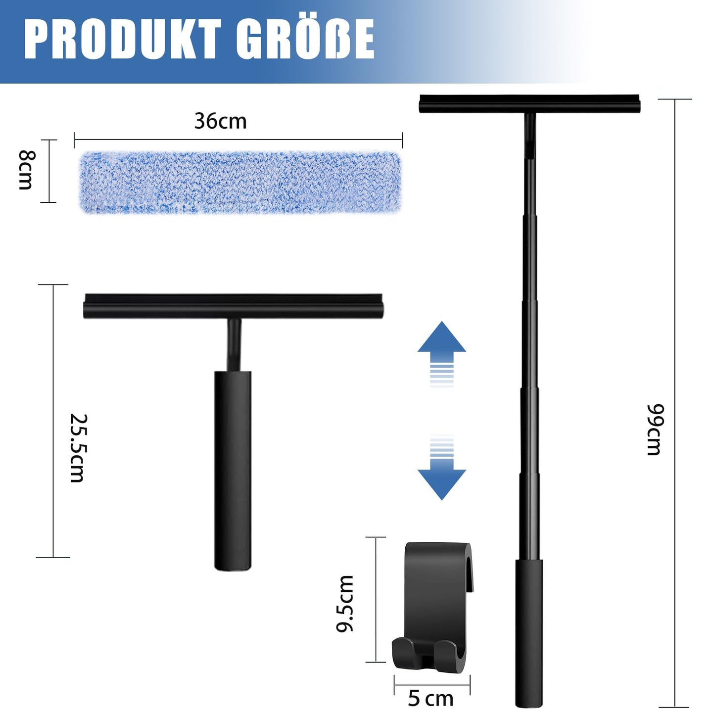 FIVAVA Shower Squeegee Extendable Black, Squeegee with Telescopic Pole, Silicone Shower Squeegee, Black Squeegee for Windows, Floors, and Shower Cabins.