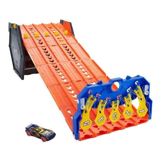 Hot Wheels GYX11 - Rollout Raceway Trackset, can be rolled out into a five-lane racetrack, storage container, toy car racetrack for kids ages 4 and up.