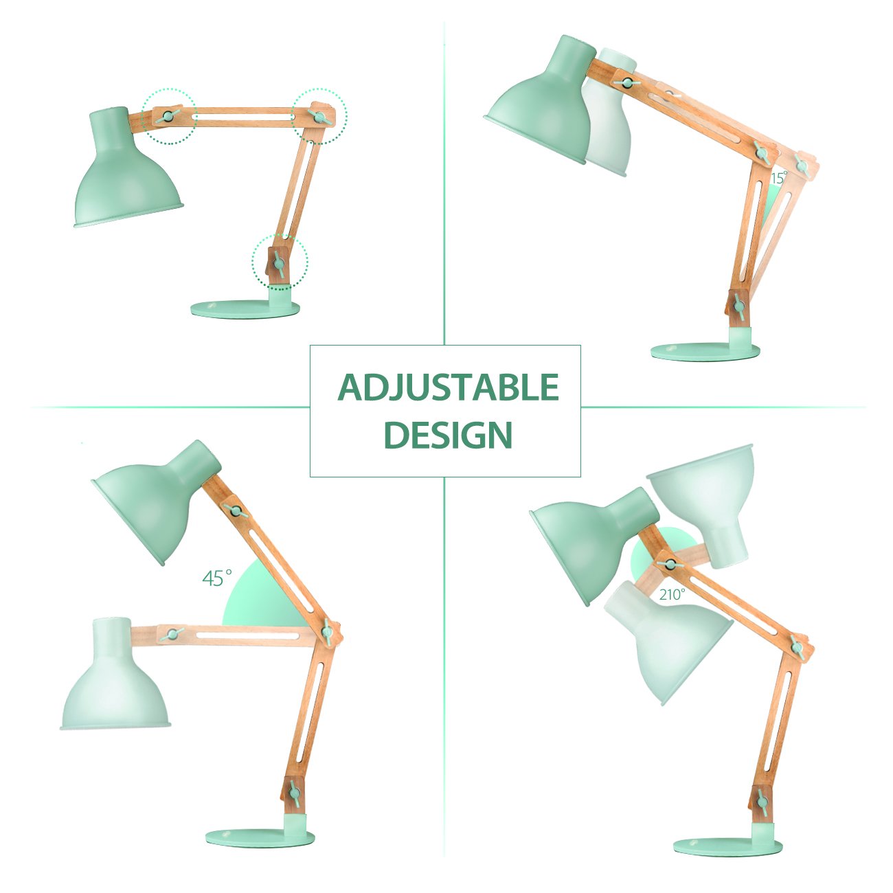 Tomons desk lamp, LED table lamp in classic wood design, bedside lamp, lamp with adjustable arm, table lamp for living room, office, white