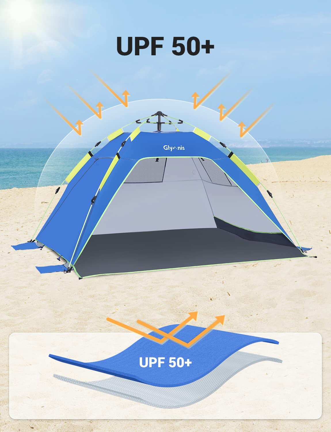 Glymnis Beach Shelter Quick Up Beach Tent Automatic Beach Tent with Zipper Door UV Protection 50+ Wind Protection Small Pack Size Beach Tent for 3 to 4 People