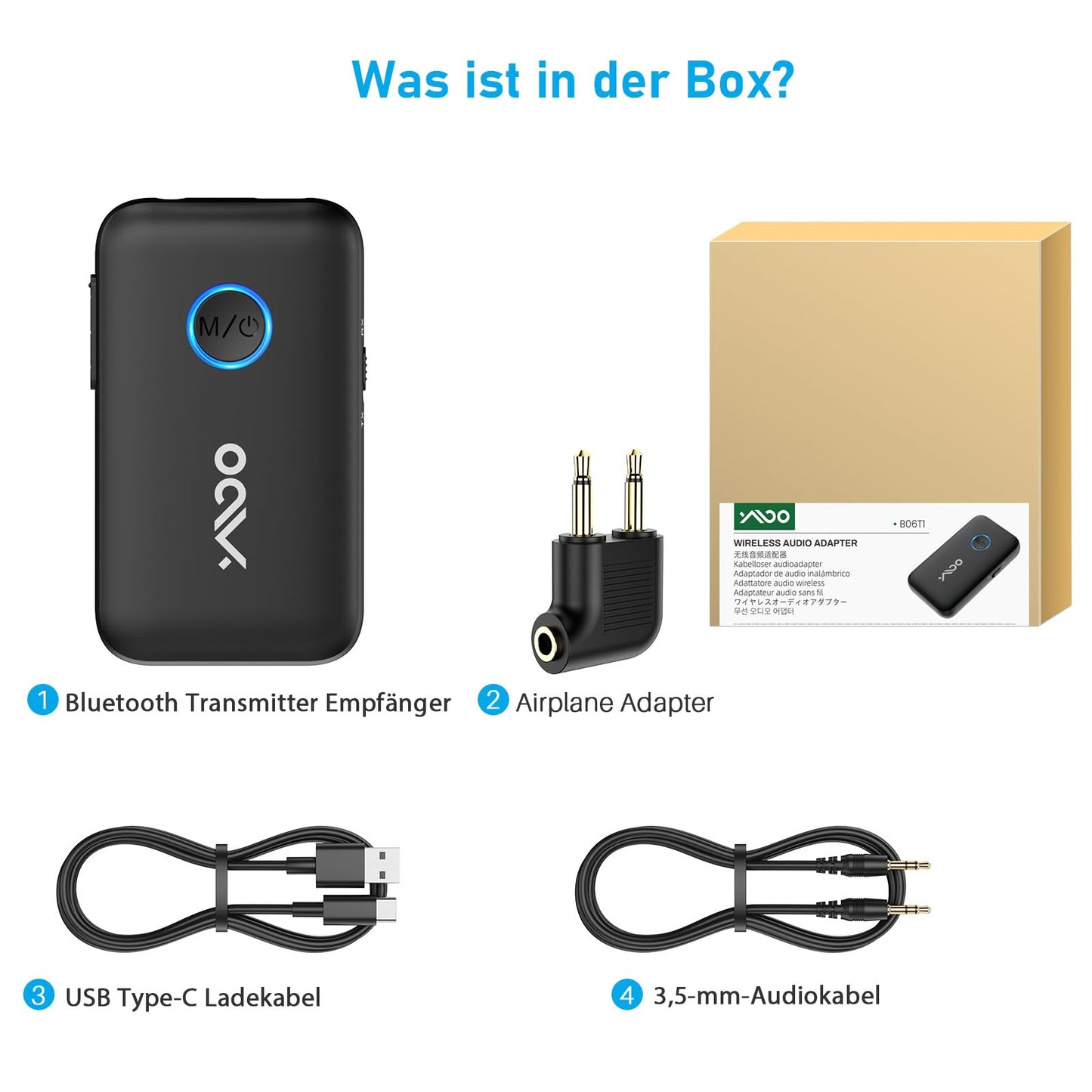 YMOO Bluetooth 5.3 adapter for TV/airplane to headphones, 2-in-1 Bluetooth transmitter receiver with APTX-ll, Bluetooth sender jack 3.5, splitter 2 for TV audio to speaker, 22H.