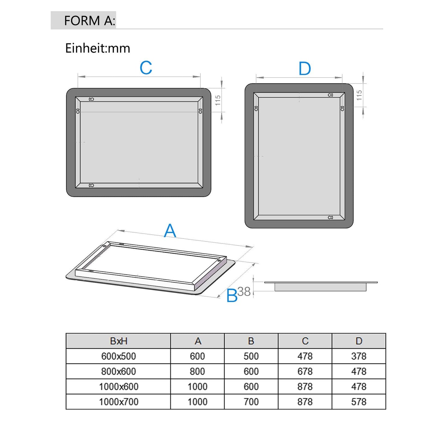 LISA LED bathroom mirror with lighting 60x50 cm, large bathroom mirror with touch dimmable warm white/cold white light. Anti-fog wall mirror for bathroom, toilet, hallway. Rounded corners.