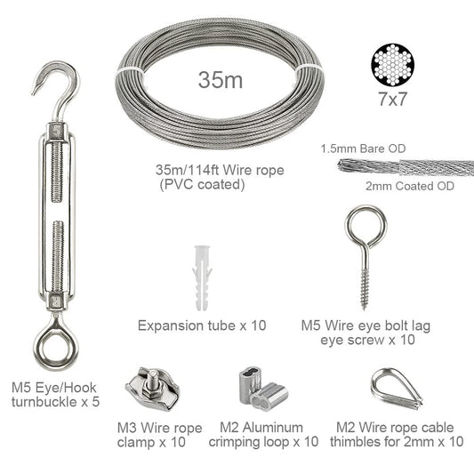 Stainless Steel Wire Rope Trellis - 35m PVC Coated Steel Cable Tensioning Kit with Turnbuckle M5, Eye Screw, Thimble, Wire Rope Clamp & Aluminum Rope Clamp for Climbing Plants, Railing, Light/Picture Hanging.