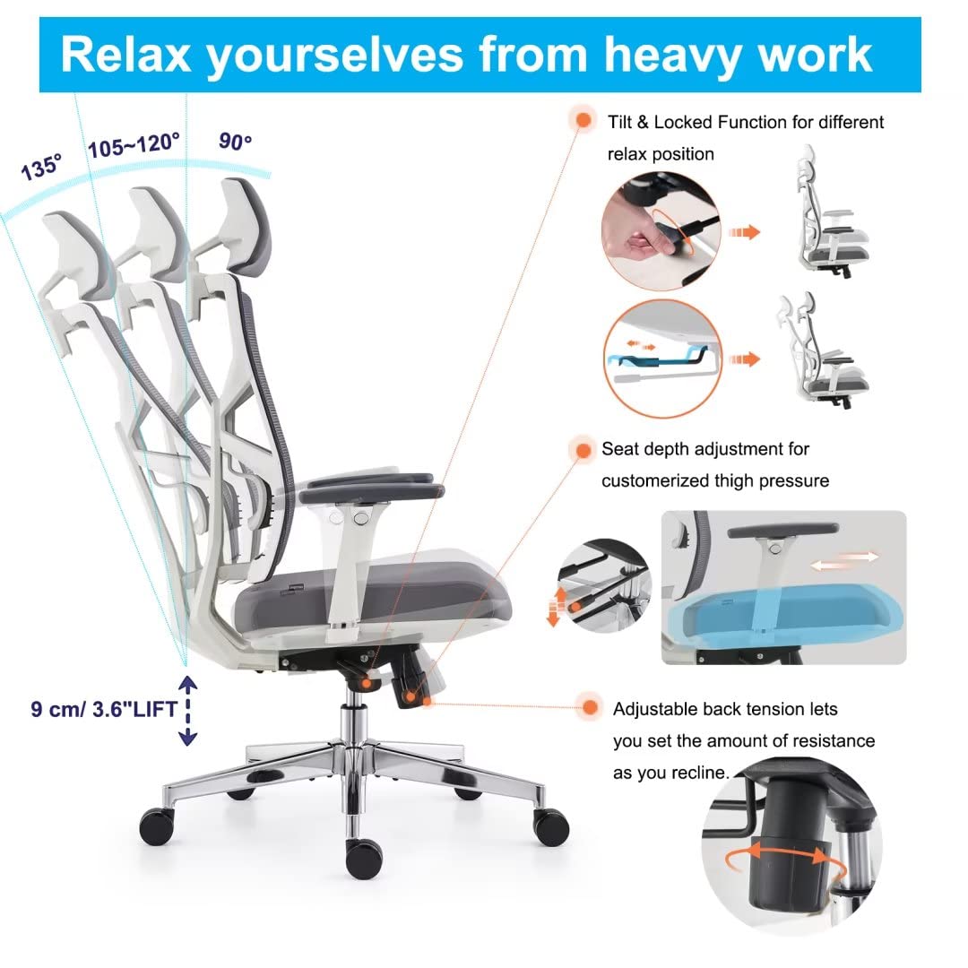 HOLLUDLE ergonomic office chair with adaptive backrest, desk chair with 4D armrests, adjustable seat depth, lumbar support, and 2D headrest, breathable mesh executive chair, White
