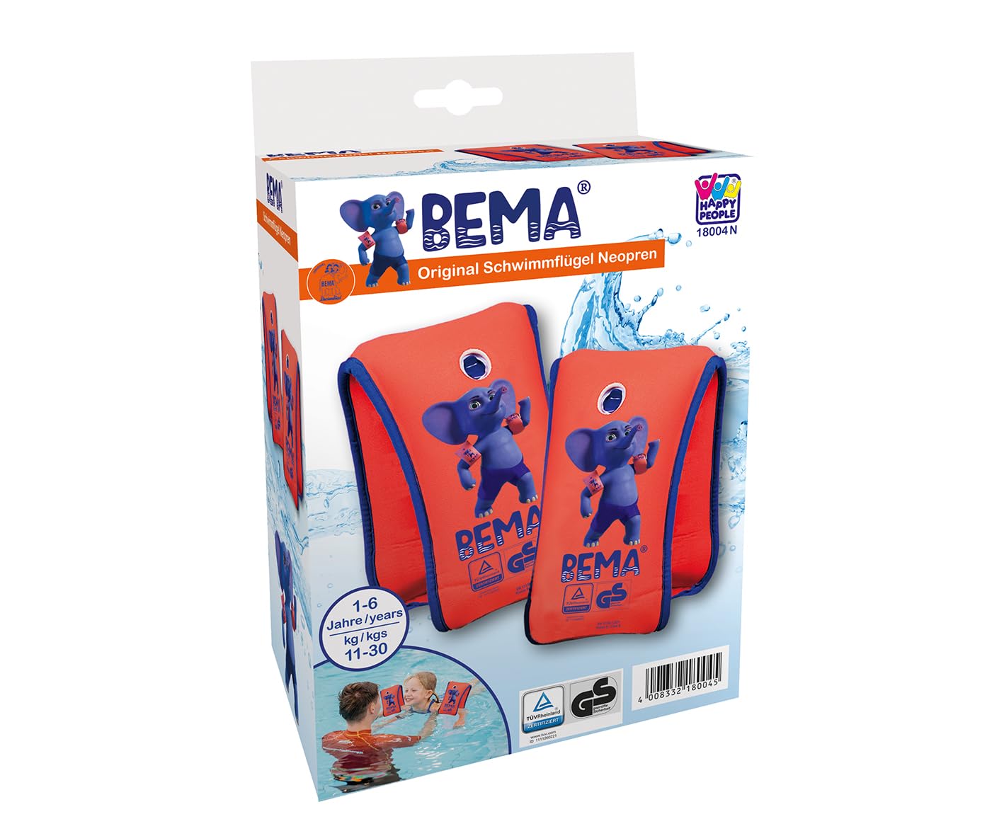 Bema 18004 - Neoprene swim wings swim learning aid for children with double air chambers and safety valve, swimming aid for babies, toddlers from 1 to 6 years 11-30 kg Orange