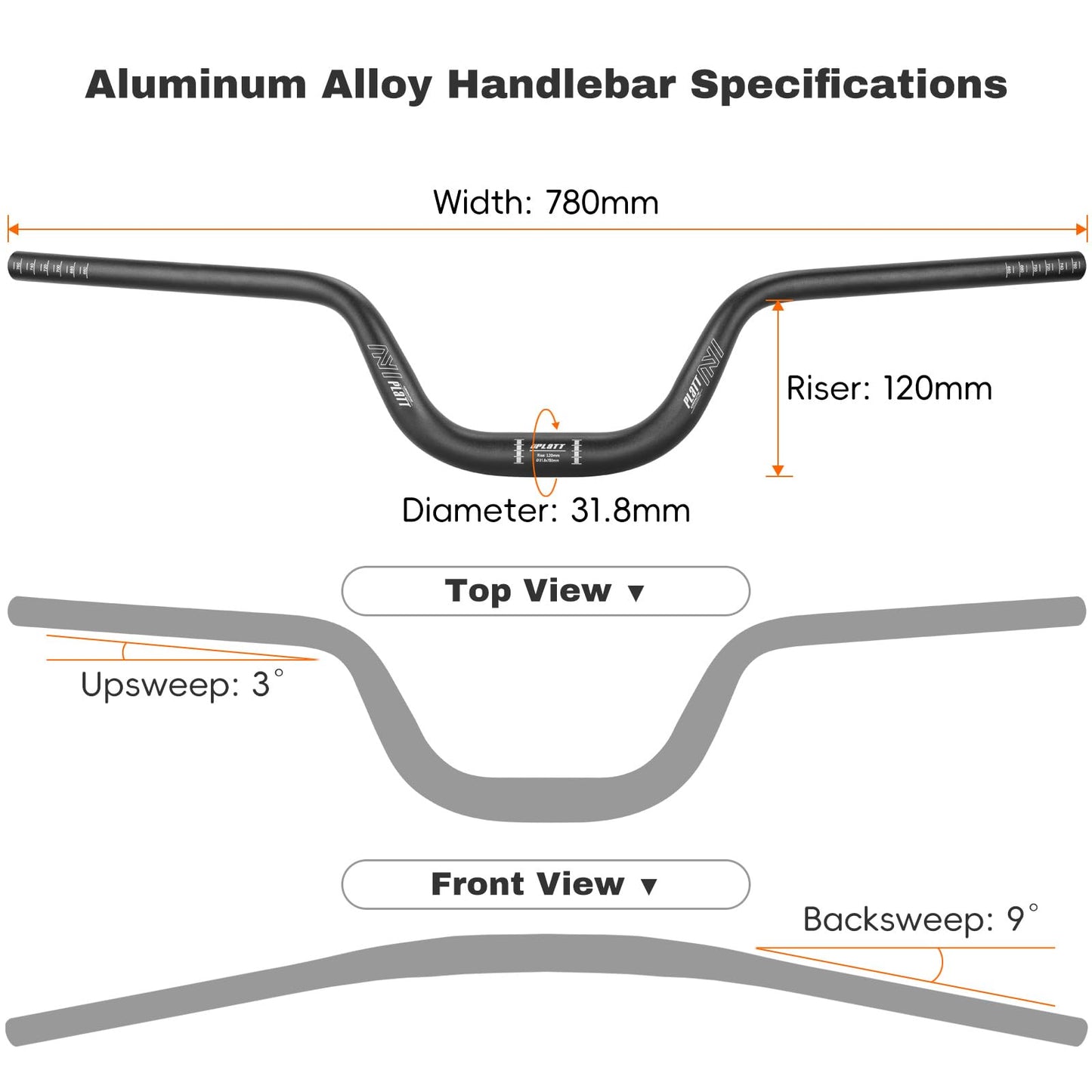 FLAT bicycle handlebar 25.4/31.8 * 620/780, mountain bike riser handlebar made of lightweight aluminum alloy, ideal for MTB (31.8mm-780mm, 120mm Rise)