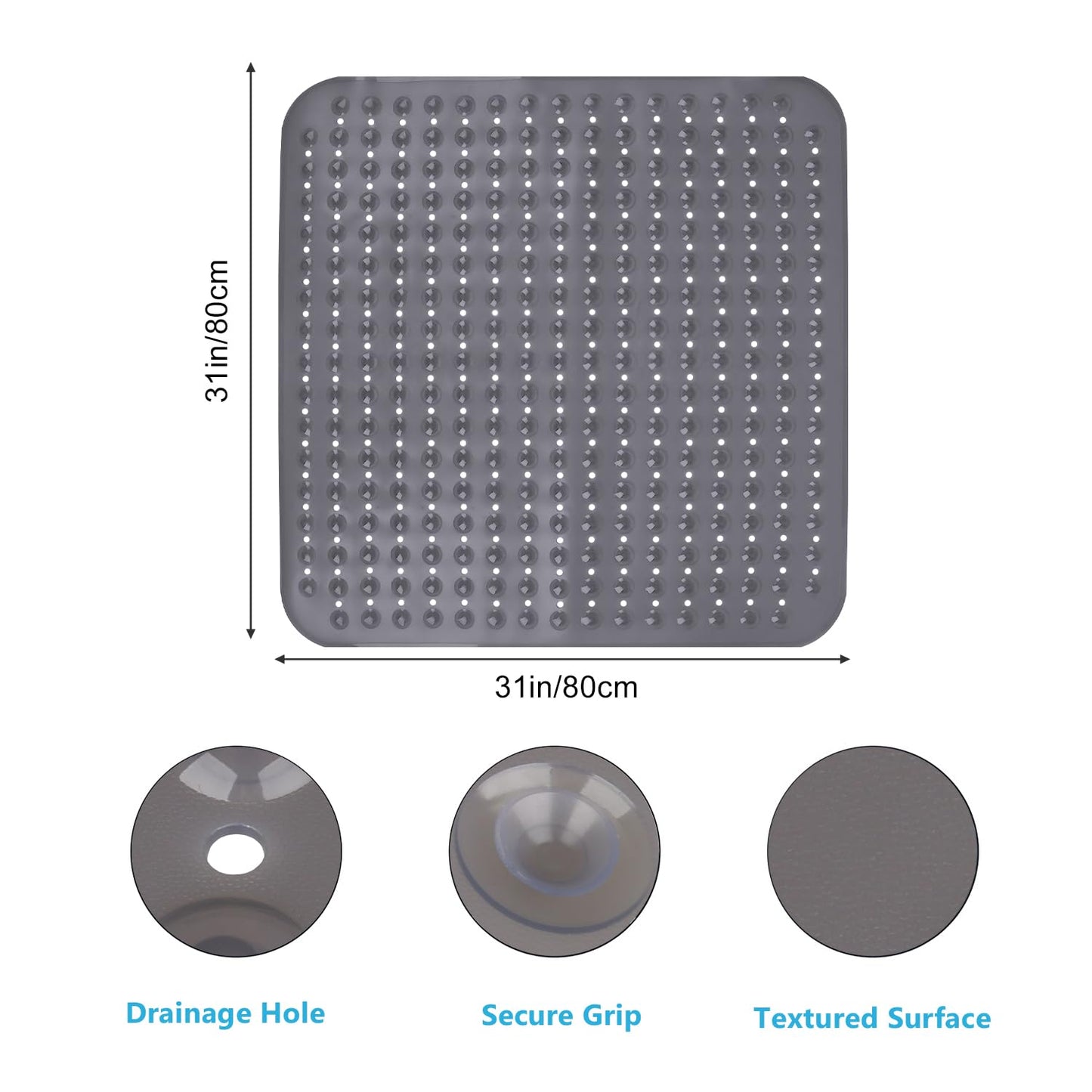 Leeko 80x80cm shower mats, non-slip bath mat with 285 suction cups and drainage holes, PVC material BPA free shower mat, mold-resistant, machine washable anti-slip bath mat (Grey)