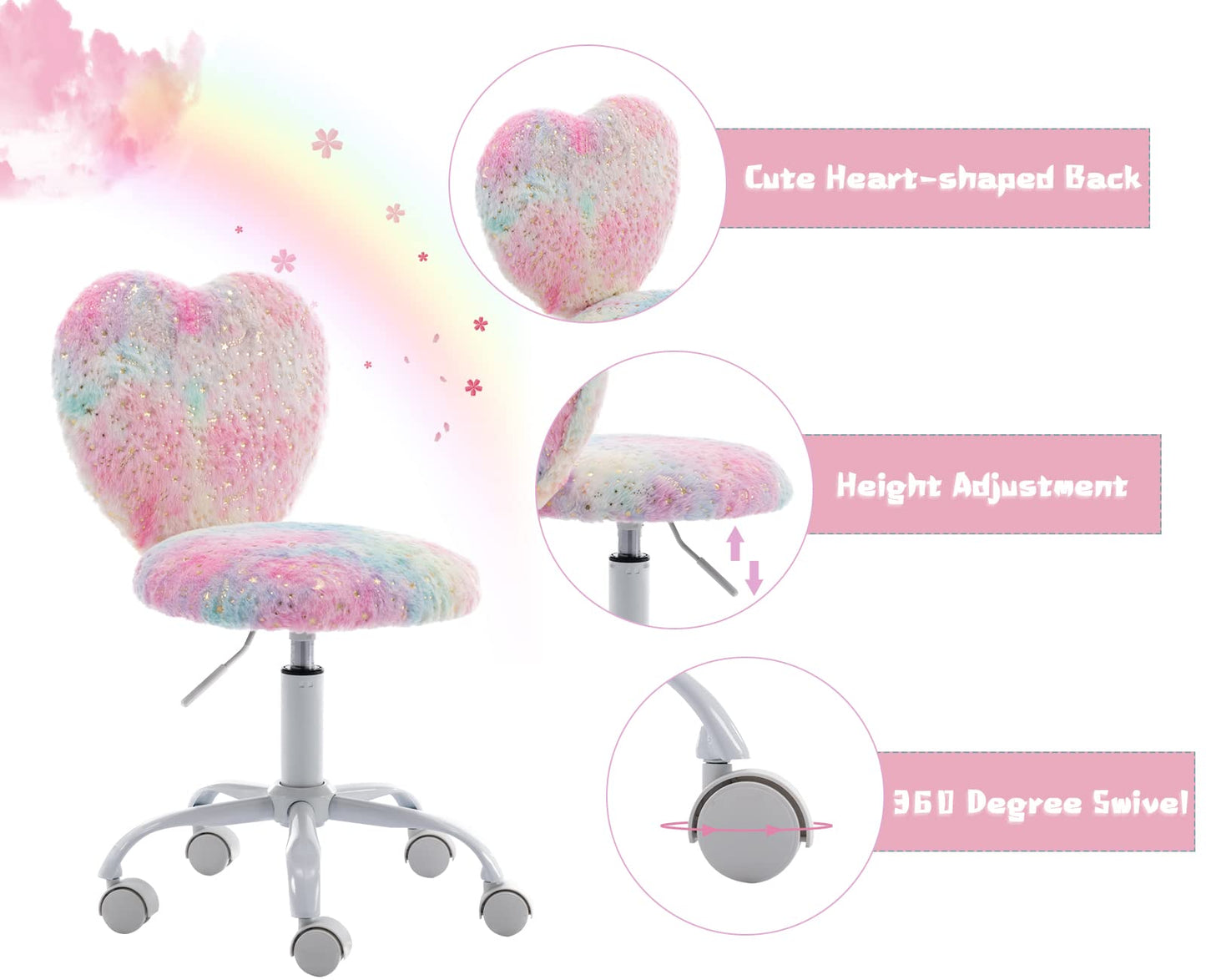 Washon Kids Swivel Chair Desk Chair Faux Fur Soft Youth Swivel Chair Height Adjustable Computer Chair for Kids/Bedroom (Colorful)