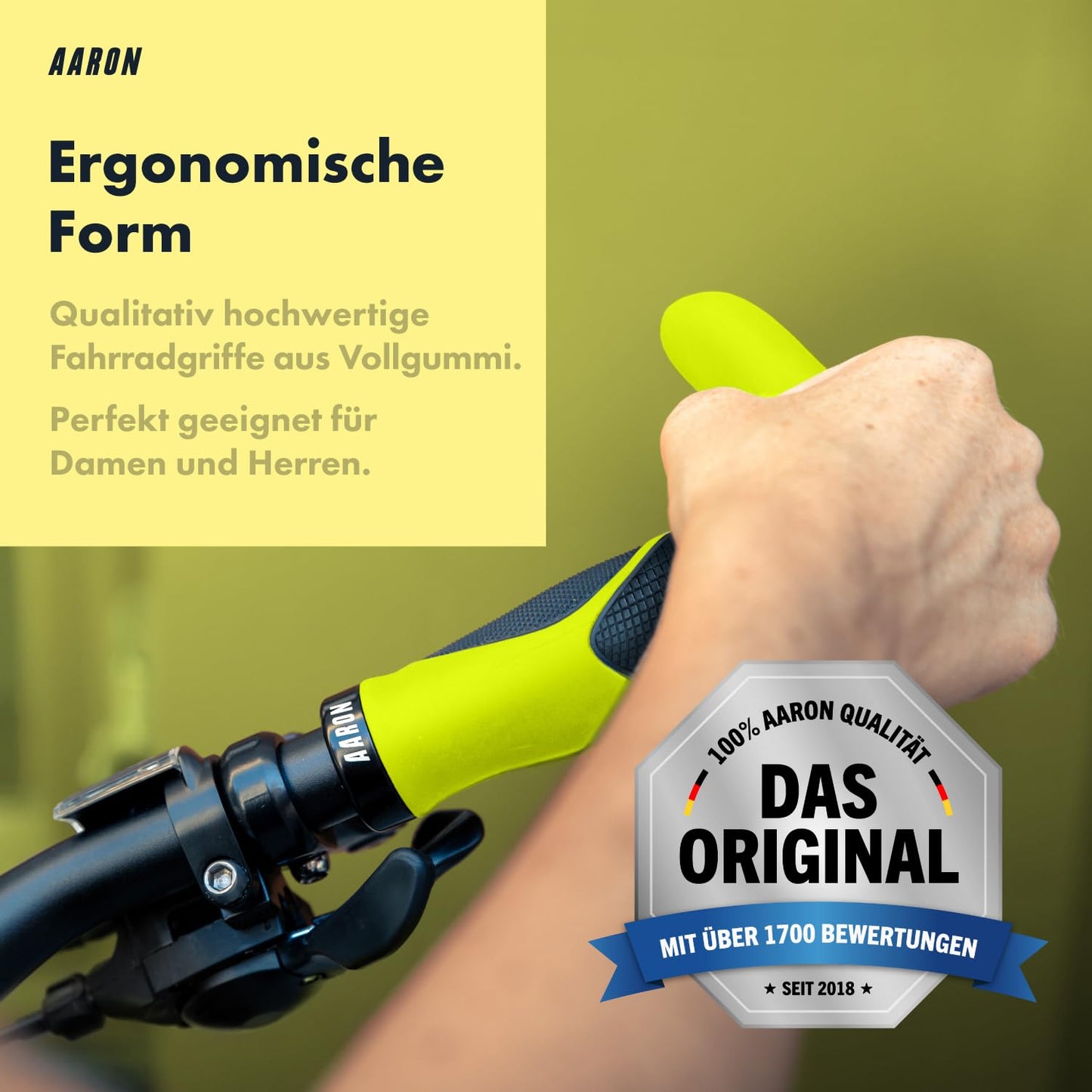 AARON Horn - grip handles with gel damping - ergonomic handlebars made of non-slip rubber - bike grips for e-bike, trekking bike, mountain bike, touring bike in yellow.