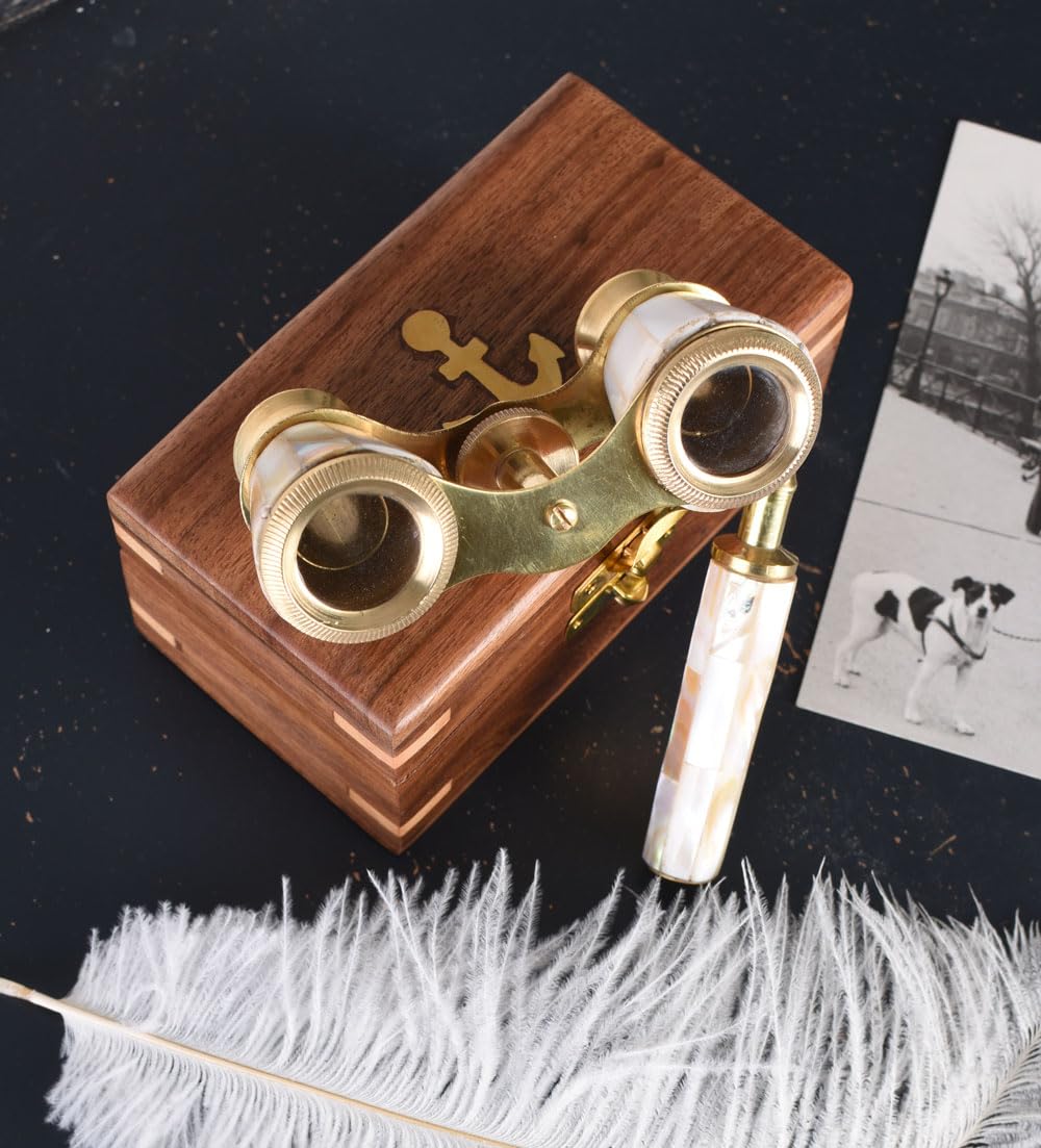 Opera glass with wooden box, theater binoculars, brass and mother-of-pearl antique, lup147 Palazzo Exclusive.