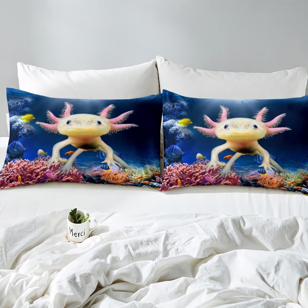 Nice Axolotl Duvet Cover Set in M size, Fish Sea Life Bedding Set for Kids Teens Girls Room Decor, Cartoon Animal Theme Comforter Cover Sea Blue Quilt Cover with 1 Pillowcase.