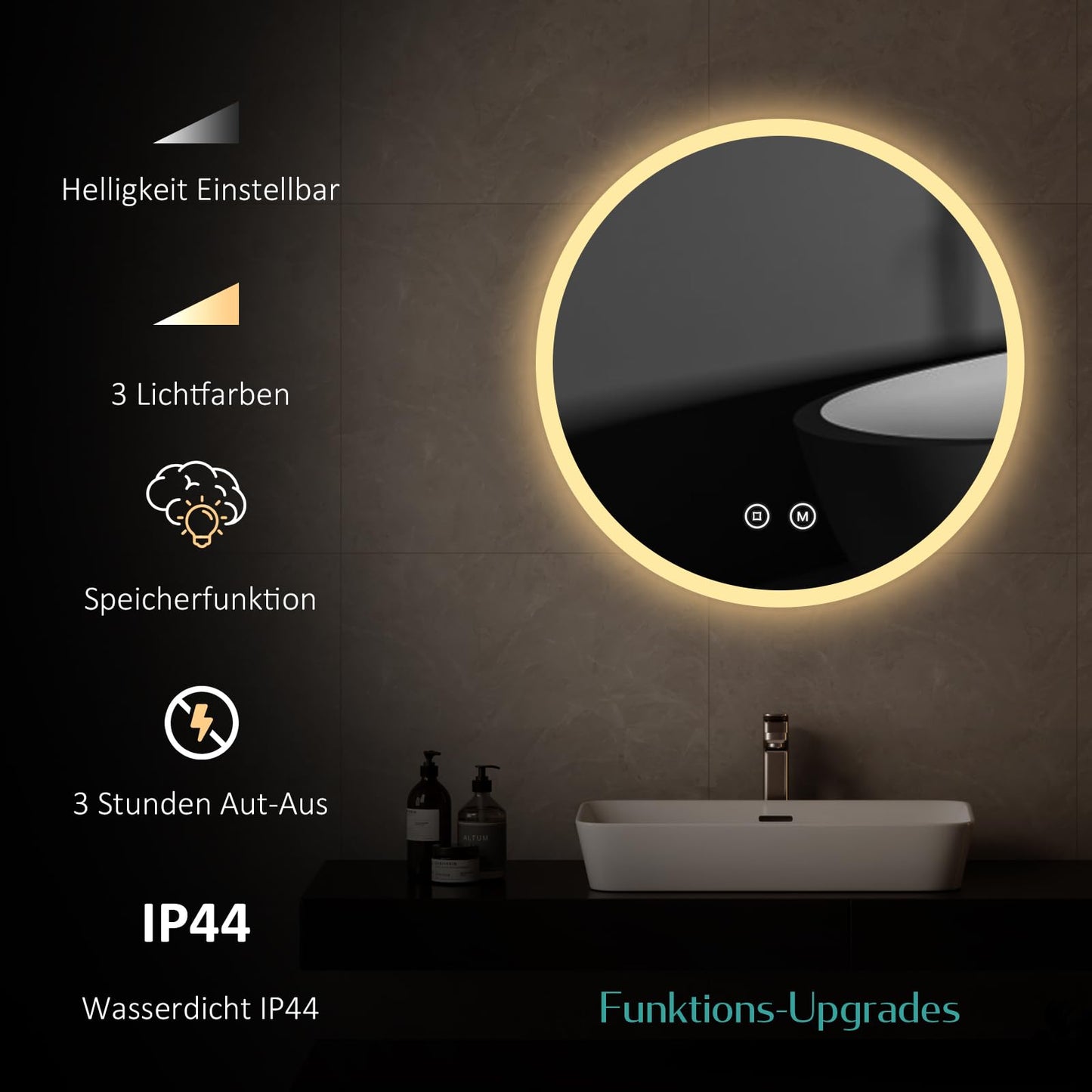 EMKE round 50cm bathroom mirror with lighting, touch switch, 3 dimmable light colors, anti-fog, memory function.