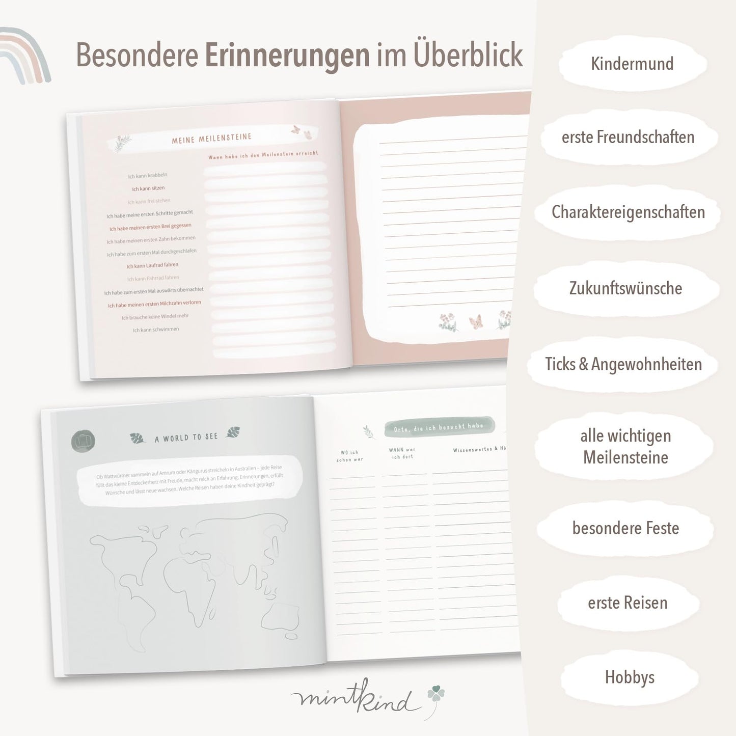 mintkind® Childhood Memory Album Beige, Baby Book with Sticker Set, Birth Gift, Children's Photo Album, Diary for Entries, Memory Book 0-10 Years, Hardcover Album