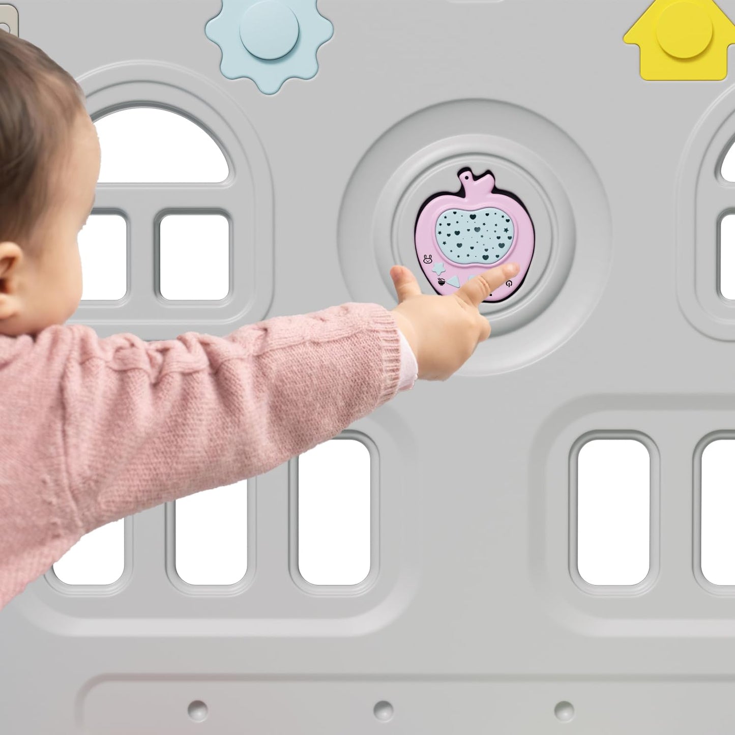 Izrielar Playpen Foldable Play Yard Baby Playpen Activity Center Playpen, Plastic Child Safety Gate with Crawling Mat and Story Machine, 14 Panels Gray and White