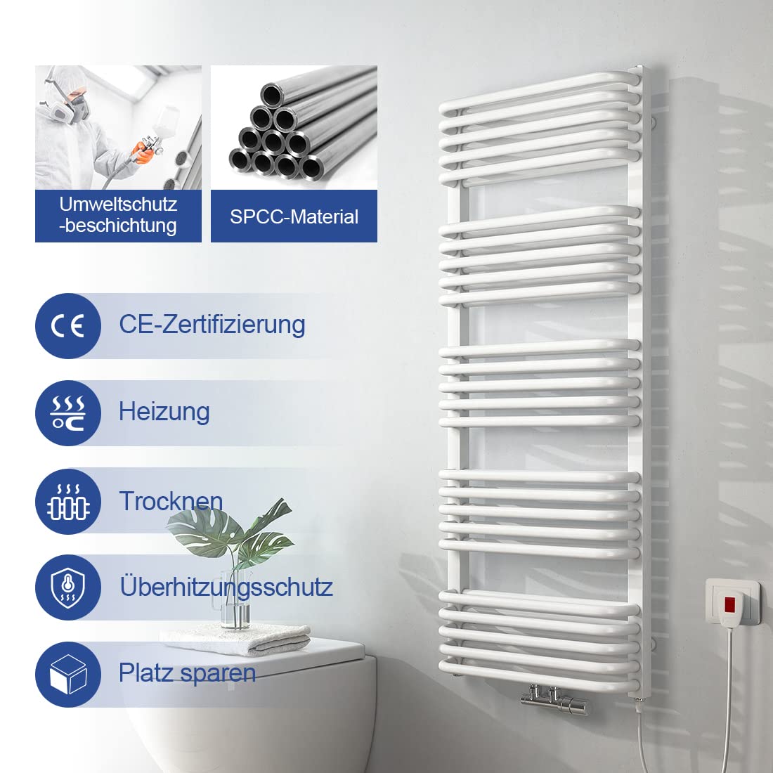 Meykoers electric towel radiator with heating element, 736 x 500mm white. Central connection for electricity and water. Bathroom heater towel dryer towel warmer.