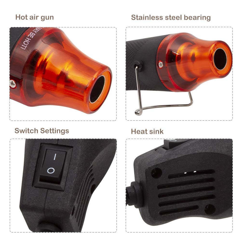 Mini 300W electric hot air gun shrink heat tool with embossing powder set. Perfect for drying paint, rubber stamp, and heating small clay works. Ideal for DIY projects.