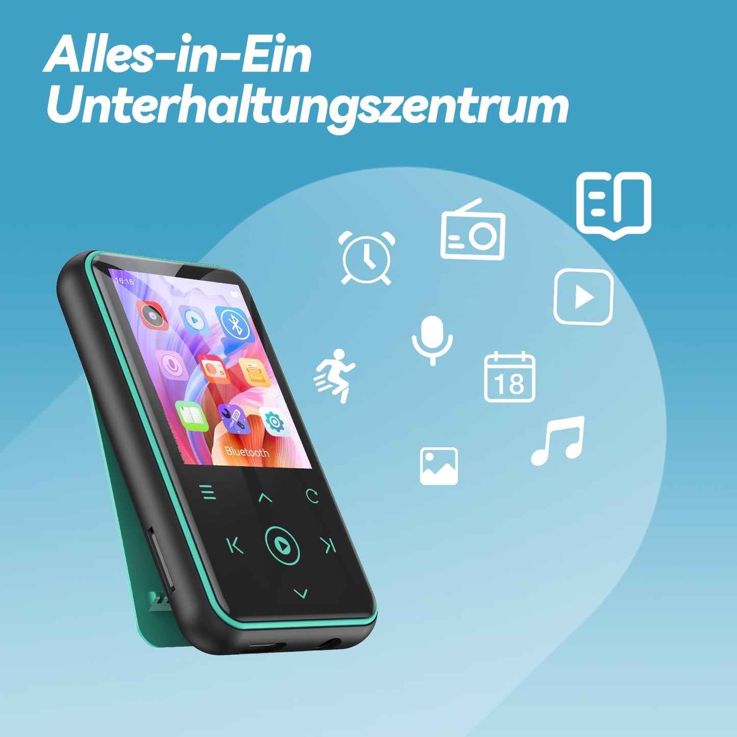 AGPTEK 64GB MP3 player with sport clip, Bluetooth 5.3 player with 1.8-inch TFT color screen, mini music player with touch buttons, FM radio, pedometer, supports up to 128GB SD card, blue.
