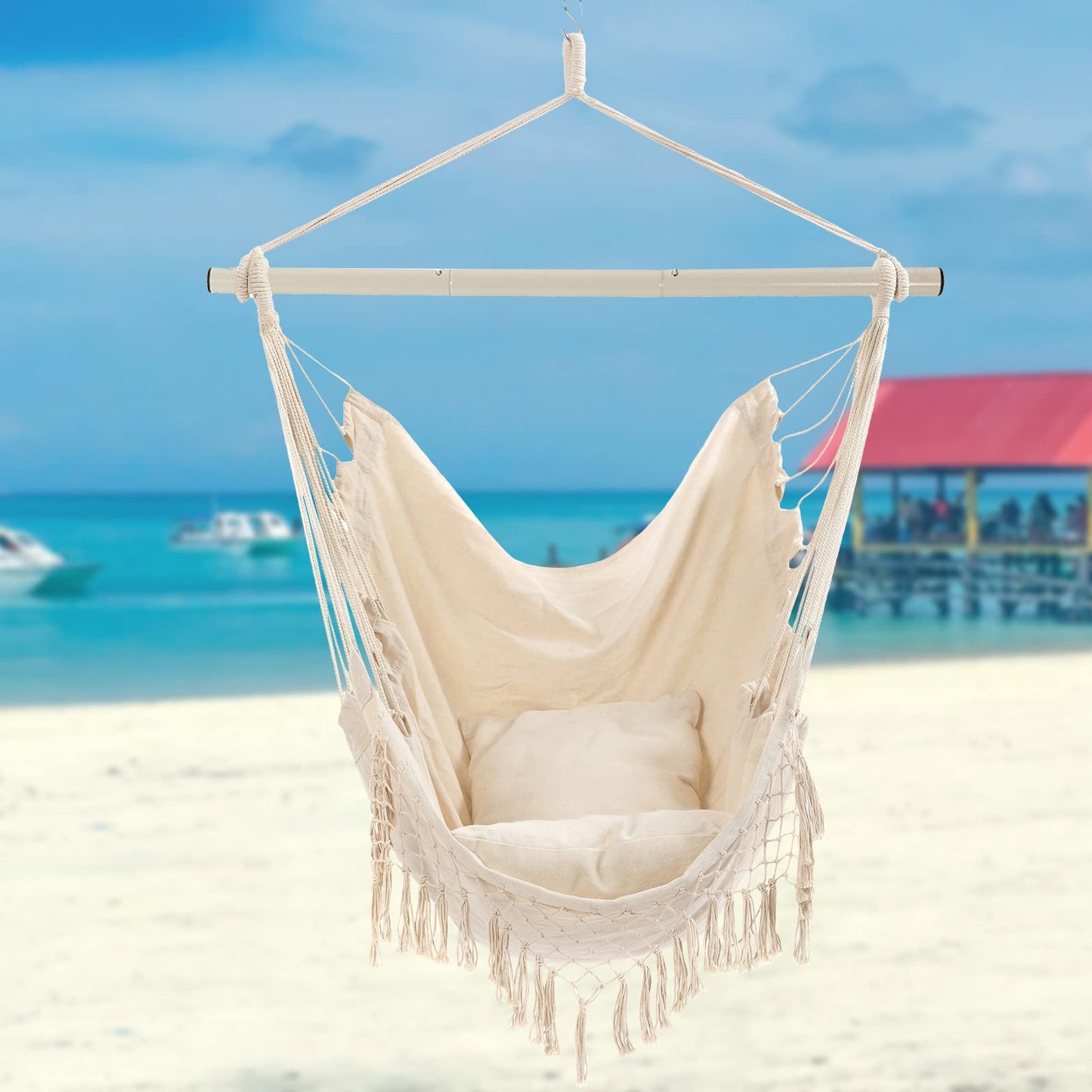 Hanging chair for outdoor, hanging chair for indoor with 2 pillows, hanging chair without stand up to 150 kg, swing chair for adults, hanging seat for indoor, outdoor, bedroom, and garden.
