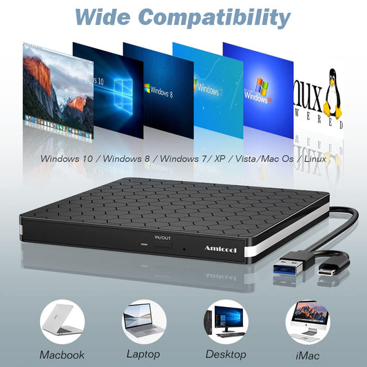 Amicool External DVD Drive, USB 3.0 Type-C CD DVD +/-RW Optical Drive USB C Burner Slim CD/DVD ROM Rewriter Writer Reader Portable for PC Laptop Desktop MacBook Mac Windows 7/8.1/10 Linux OS Apple