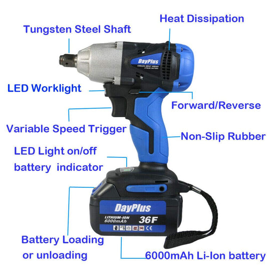 Autofather 18V Cordless Impact Wrench 420Nm torque, 2900rpm, 1/2" anvil; 6000mAh battery, fast charger, 4 sockets (17/19/20/22 mm), belt clip, and carrying case included.