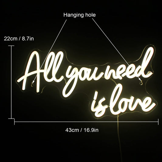 "All You Need is Love" neon sign, warm white neon light lettering for wall decoration, LED sign for bedroom, wedding, room decor, anniversary, Valentine's Day, party decor.