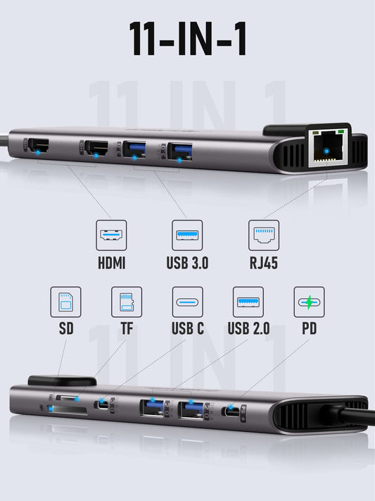 Aluminum Docking Station USB C Hub 2 HDMI, Gigabit Ethernet, 4 USB A, USB C 3.0, PD100W, SD TF, 1000Mbps RJ45 Lan Dock Usbc Adapter MacBook Docking Station Laptop 2 Monitors for Lenovo HP Dell Surface