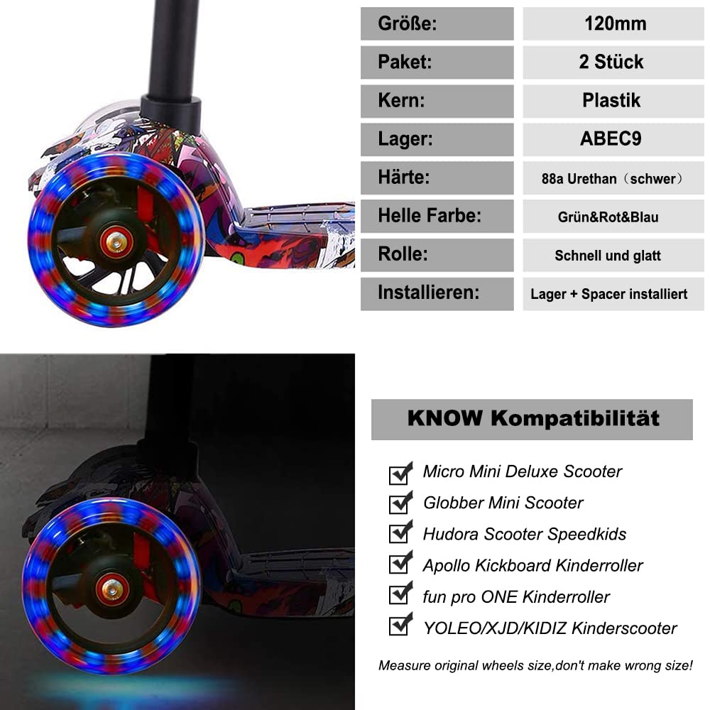 120mm Scooter Wheels - 2 pieces 120mm LED Scooter Replacement Wheels with ABEC-9 Bearings - 120mm bright flashing LED kick scooter wheels for micro globber roller (BLACK)