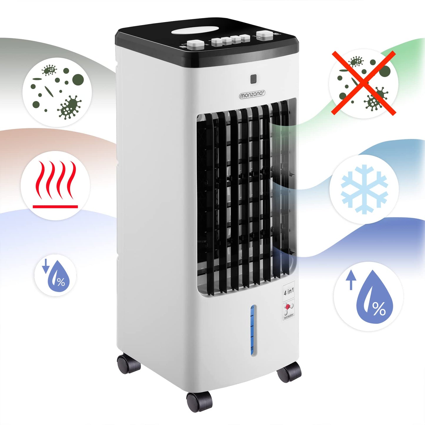 MONZANA® Air Cooler 4in1 portable 60W 330m³/h Oscillation 3.5L incl. 4 cooling packs 3.5L Fan Humidifier Ionizer Air Conditioner Tower Fan