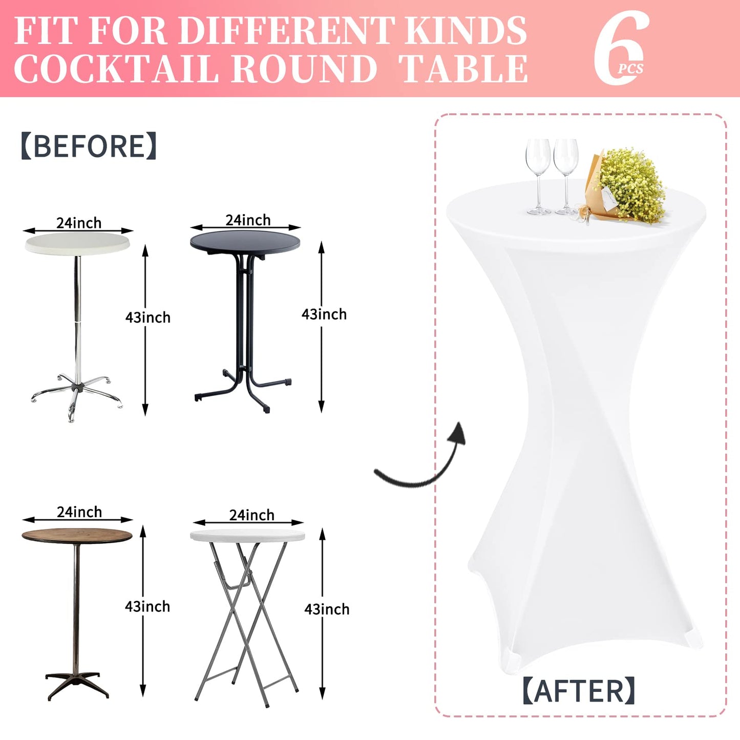 6 pieces white High Top Table Covers, for Ø 60-65 cm high top tables and bistro tables. Stretch tablecloth with foot pockets for weddings, birthday parties, banquets.