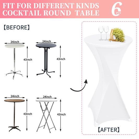 6 pieces white High Top Table Covers, for Ø 60-65 cm high top tables and bistro tables. Stretch tablecloth with foot pockets for weddings, birthday parties, banquets.
