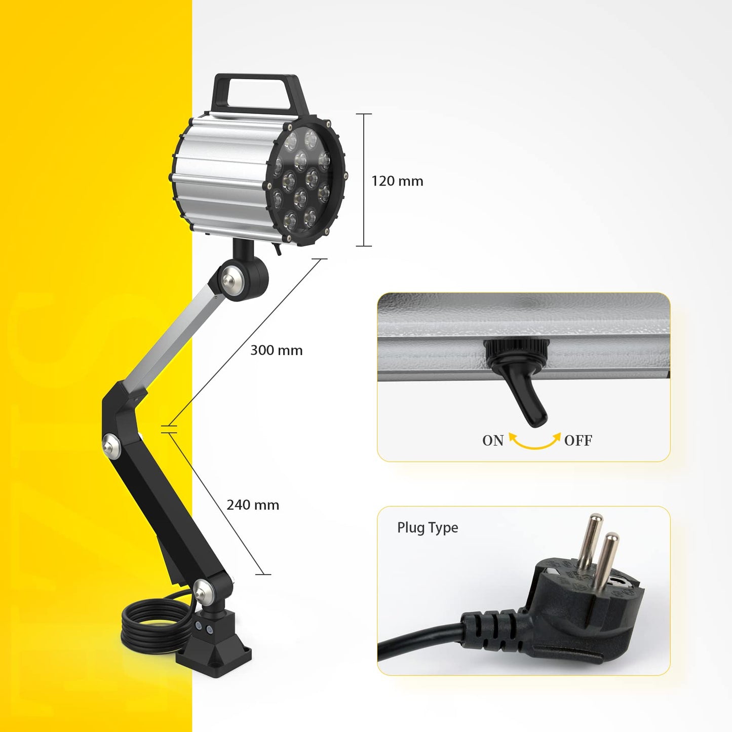 LED Tool Lathe Lamp Machine Light Long Arm 12W 110V 220V Adjustable Waterproof Work Light Spotlight (12W)
