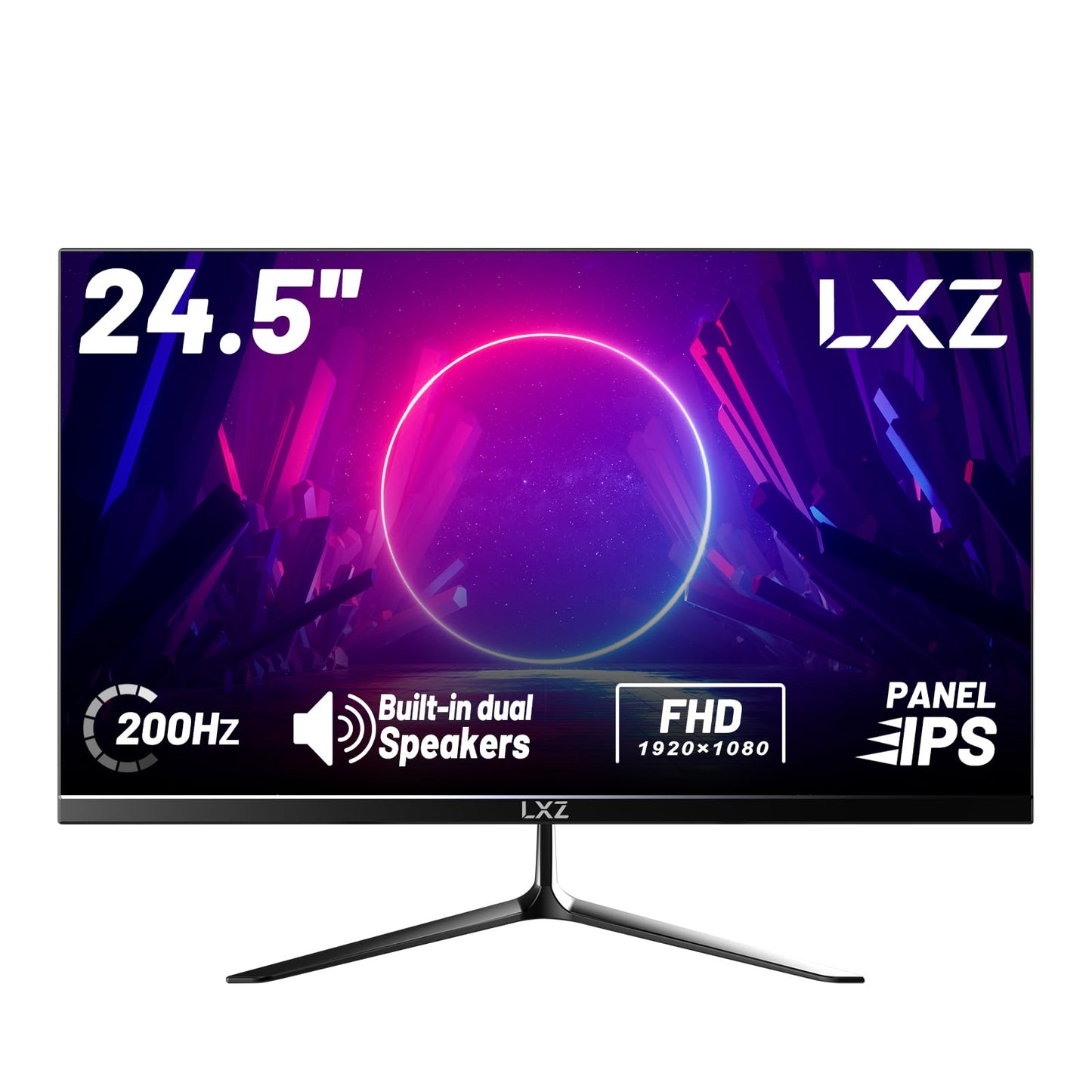 LXZ 24.5-inch gaming monitor with 200Hz refresh rate, Full HD 1080p resolution, 1ms response time, DP/HDMI inputs, eye care technology, and wall mount compatibility.