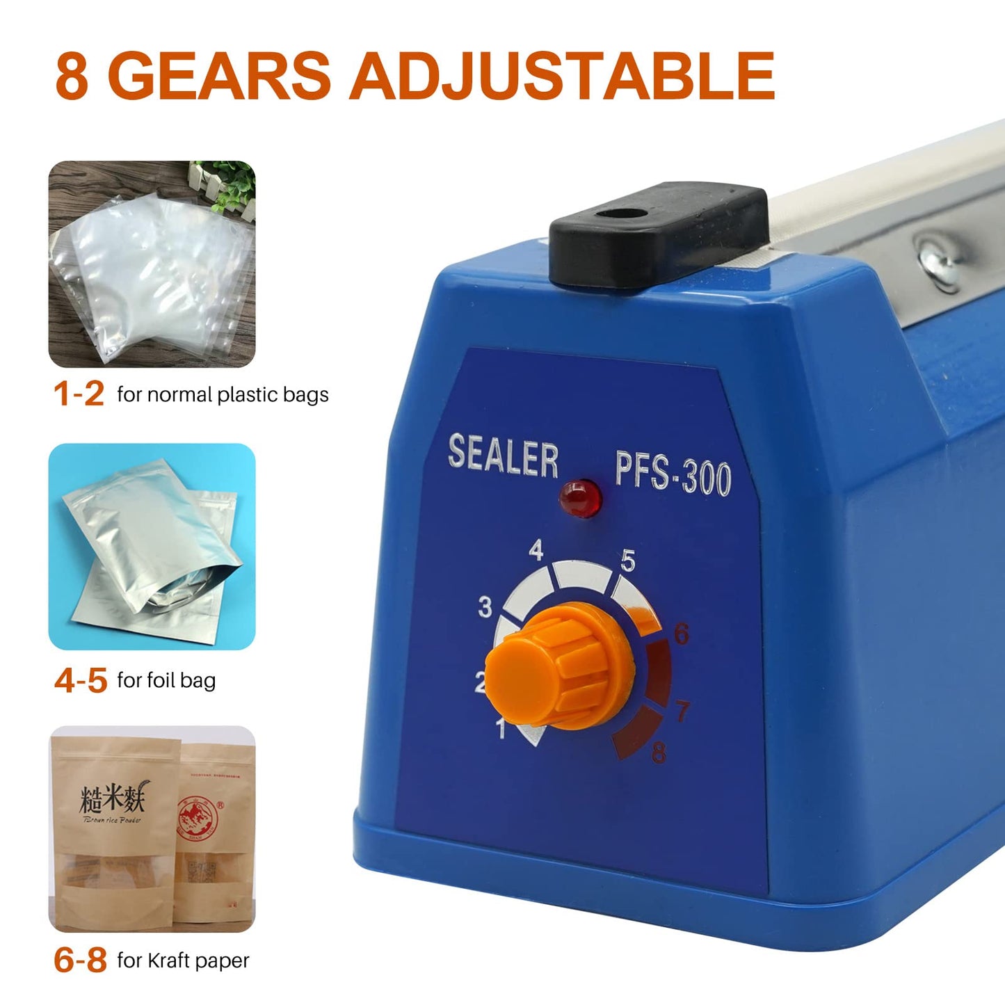 MOGOULUA 300 mm heat sealer foil sealing machine with 3mm sealing width. Bar sealer with temperature control for sealing food in Mylar, PP, and PE bags.