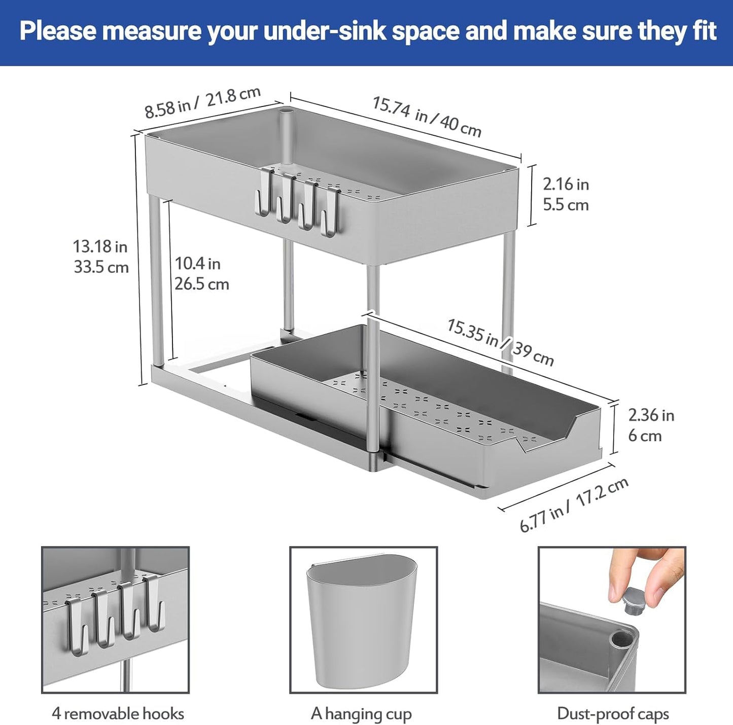 Puricon Under Sink Shelf, 2 Tier Standing Rack Kitchen Countertop Organizer, Multifunctional Kitchen Shelf Spice Rack Under Cabinet Shelf Sink Cabinet Rack - Grey