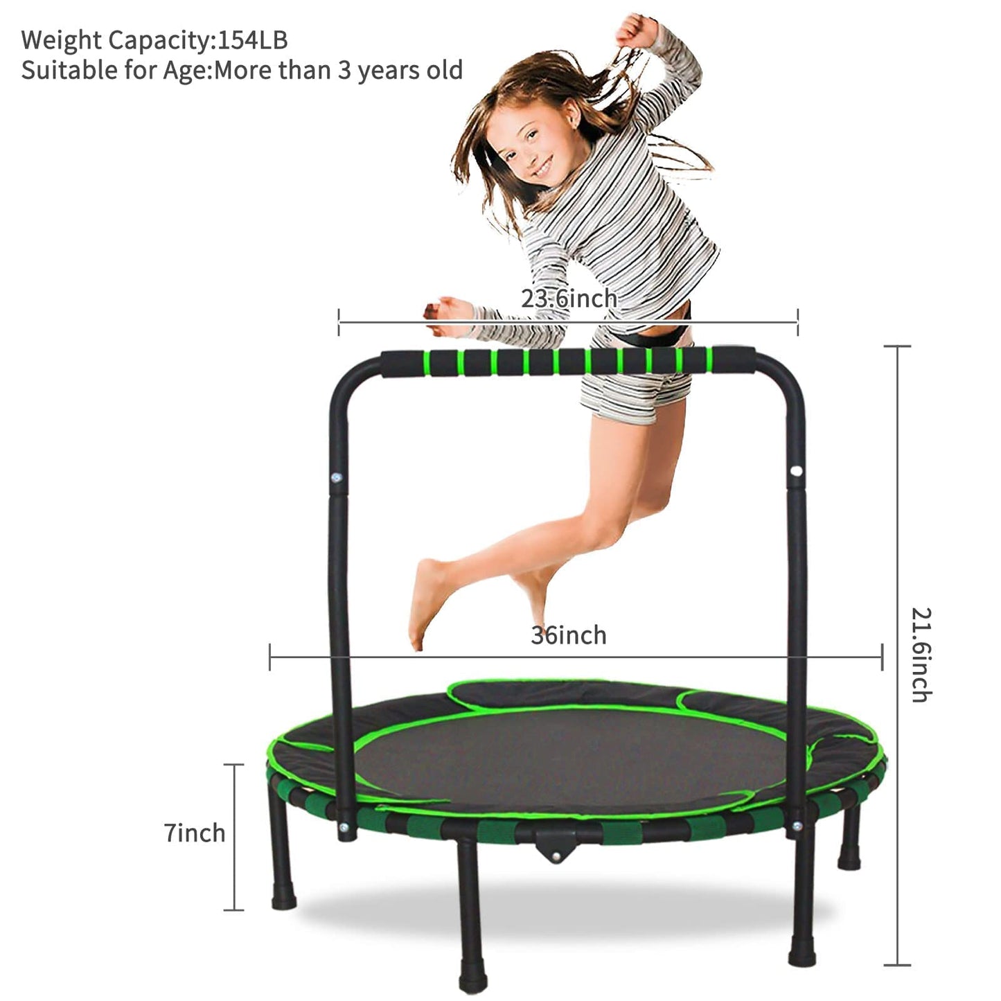 Trampoline Kids Indoor Outdoor Ø91cm, Mini Trampoline Jumping Fitness Trampoline Foldable Garden Trampoline with Handle and Safety Padding, Kids Trampoline for Boys Girls aged 3 years and up (Green)