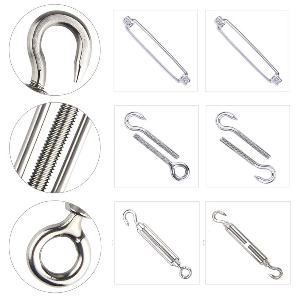 Leaum 30 piece turnbuckle M4 wire tensioner set, with stainless steel turnbuckle M4, 3mm stainless steel wire rope clamp, 3mm wire rope thimble, and 3mm aluminum ferrule for tightening tensioned rope.