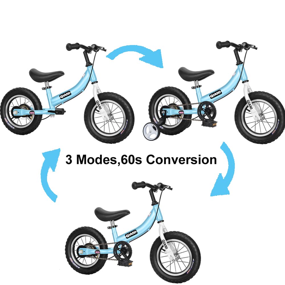 Qiani 2-in-1 balance bike for kids aged 2-7, with brakes, training wheels, pedals, air tires, and kickstand. Available in blue, 12-inch size.