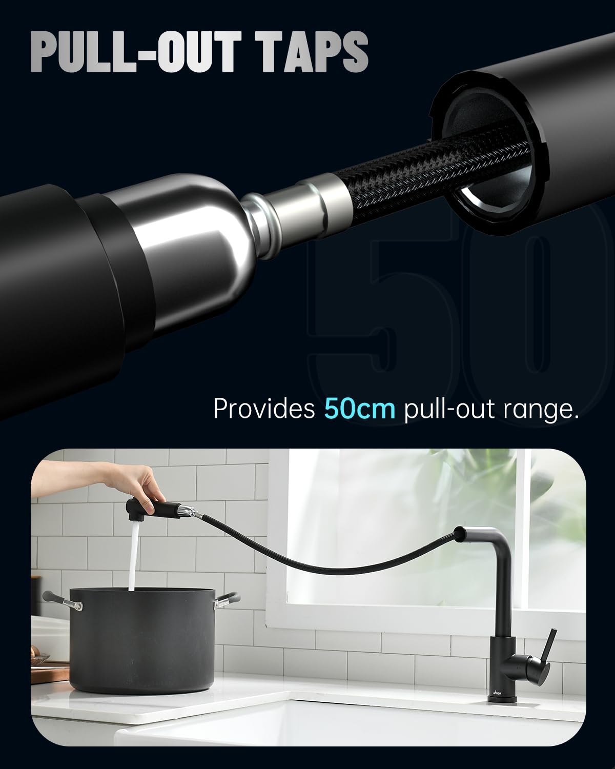 APPASO Low Pressure Kitchen Faucet Black, Kitchen Tap 3 Connectors, Low Pressure Kitchen Mixer Tap, Low Pressure Sink Mixer with 2 Spray Modes, Stainless Steel Black Mixer for Boiler.