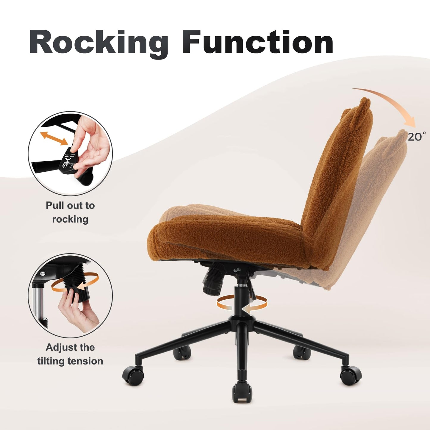 IWMH office chair without armrests, adjustable height swivel chair with wheels, desk chair with fabric padding, ergonomic chair, reading chair with wider cushion for cross-legged sitting (Brown)