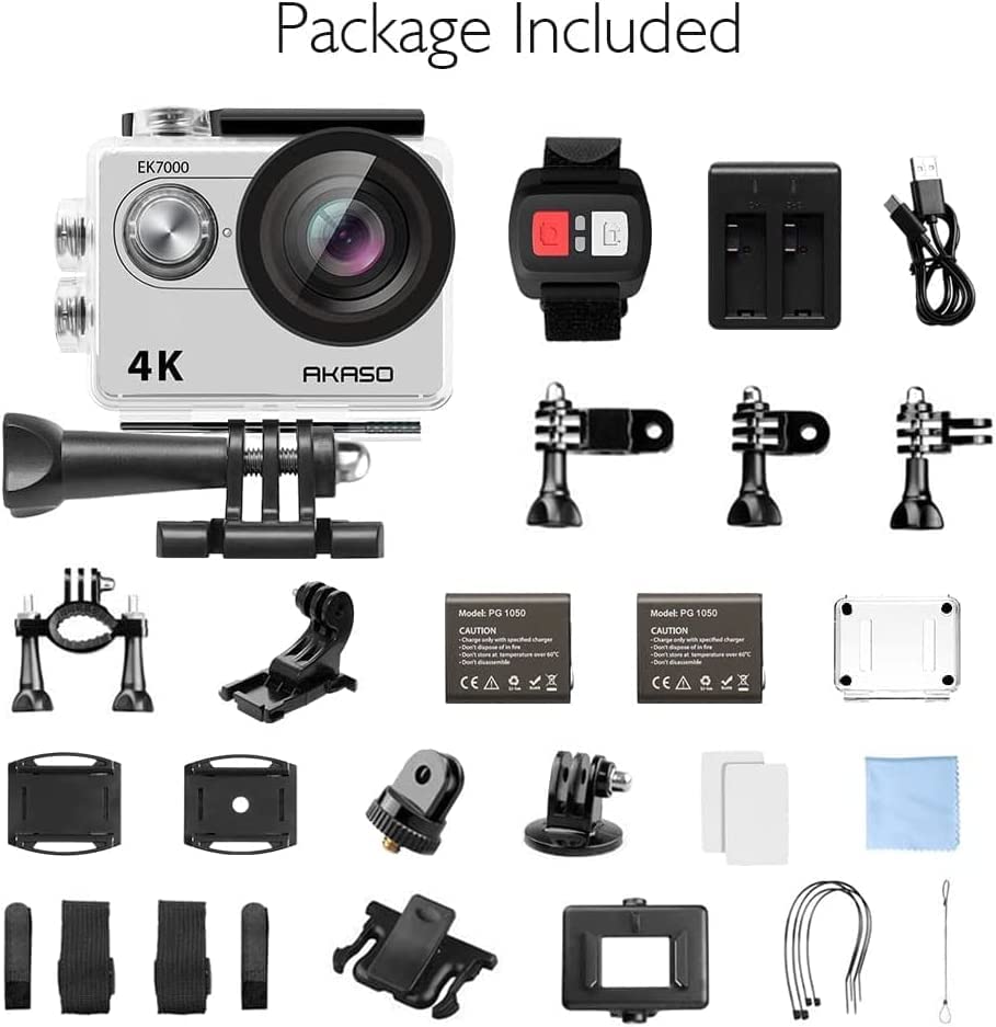 AKASO Action Cam EK7000 4K30FPS Action Camera 170° Wide Angle HD Underwater Camera 20MP WiFi Waterproof Sports Camera 2 Inch LCD Screen with 2 Batteries (Silver)