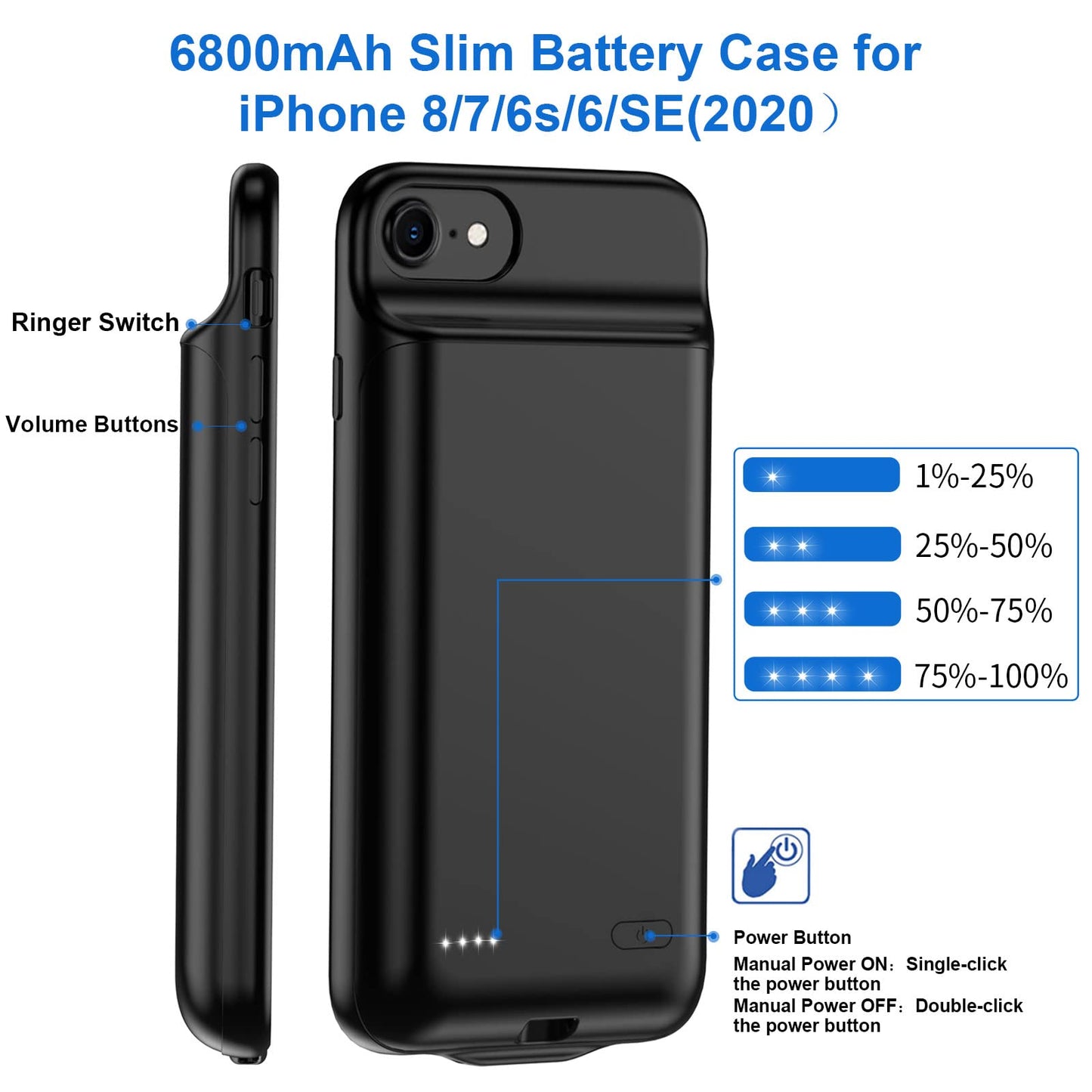 JUBOTY 6800mAh battery case for iPhone 6/6S/7/8/SE 2020/SE 2022, high capacity, portable charging case, extended battery, rechargeable phone battery charger, 4.7 inches (black)
