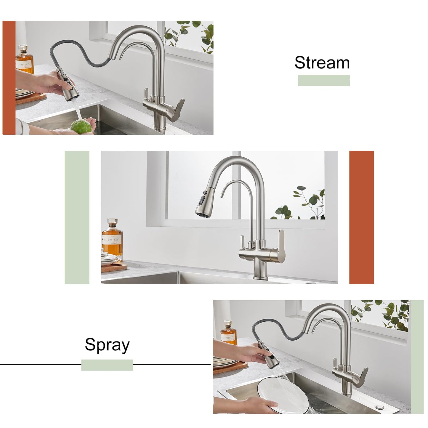 KINKIBOS 3-way kitchen faucet with pull-out sprayer for water filter, brass body, 360° swivel kitchen tap, mixer tap with drinking water spout, brushed nickel.