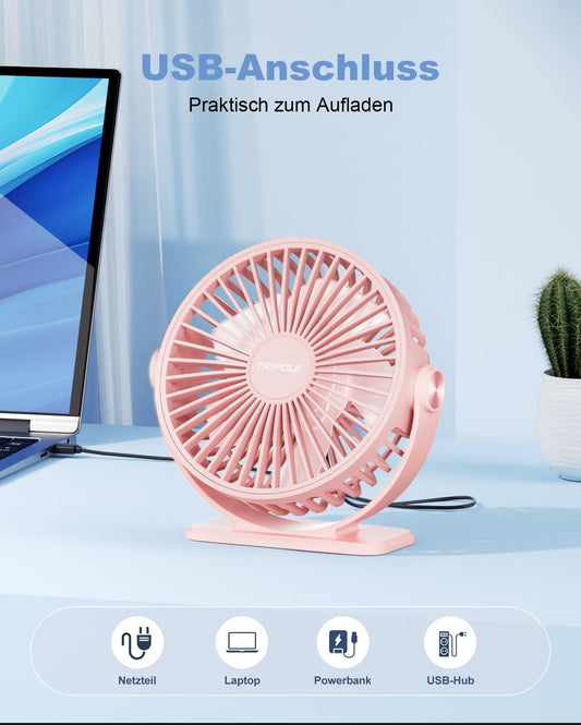 TriPole Fan: Quiet, 3-speed mini fan. Powerful portable USB desk fan with 360° rotation. Small electric fan for office, bedroom, and travel. Pink color.