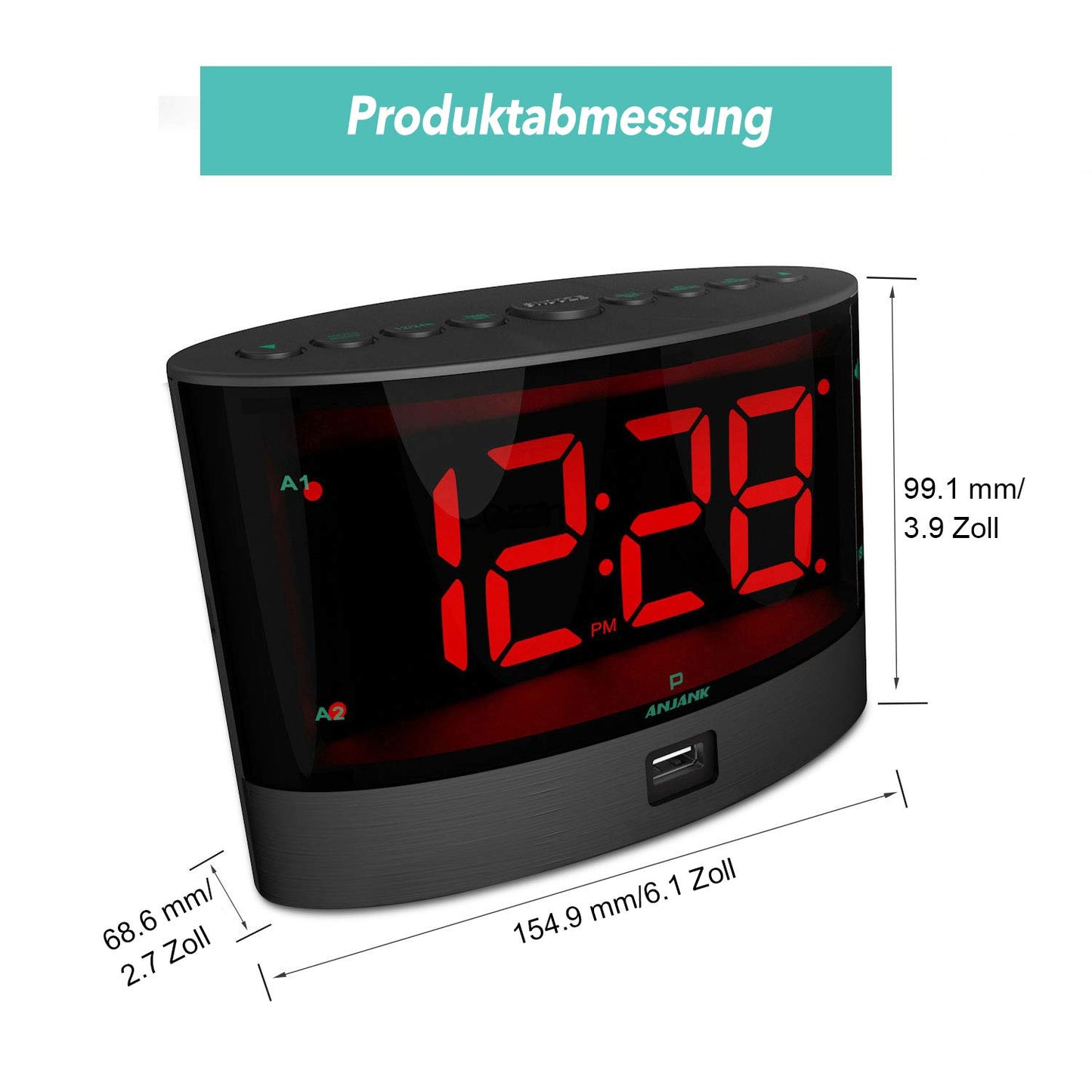 ANJANK Extra Loud Alarm Clock with Wireless Vibrating Bed Shaker for Deaf/Hard of Hearing/Heavy Sleepers, Dual Alarm, Dimmer, Battery Backup, USB Charger, Large Digital LED Display